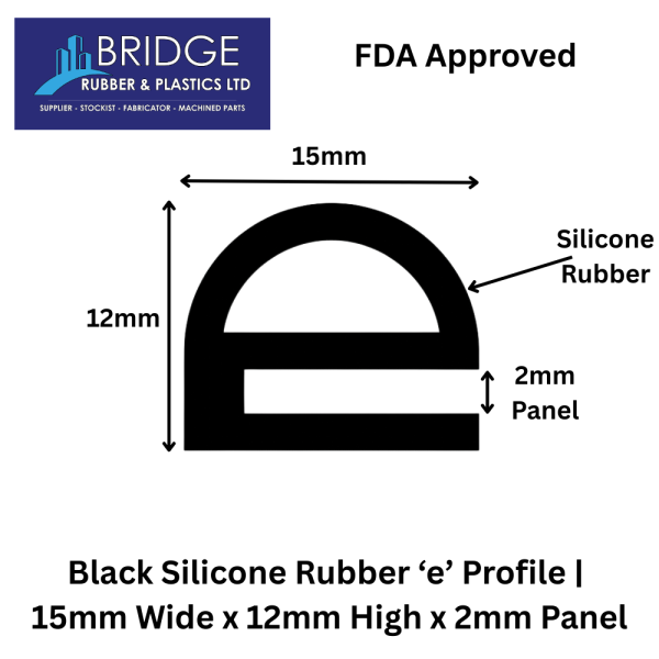 Black Silicone Rubber ‘e’ Profile 15mm x 12mm x 2mm Panel